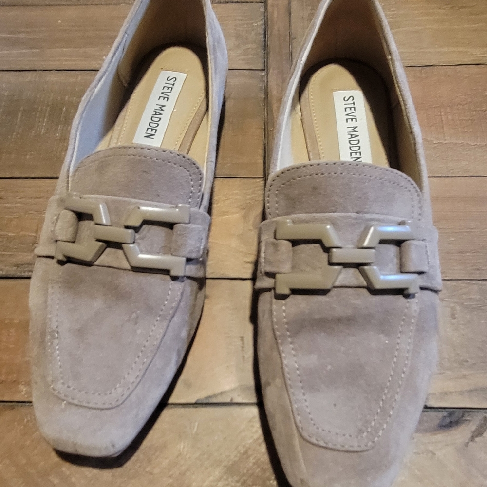 Steve Madden Taupe Suede Loafers with Chain Detail